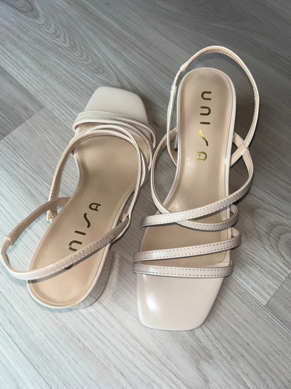 Unisa Strappy Patent Leather Slingback Sandals 7.5 Nude/Beige NWOT Square-Toe